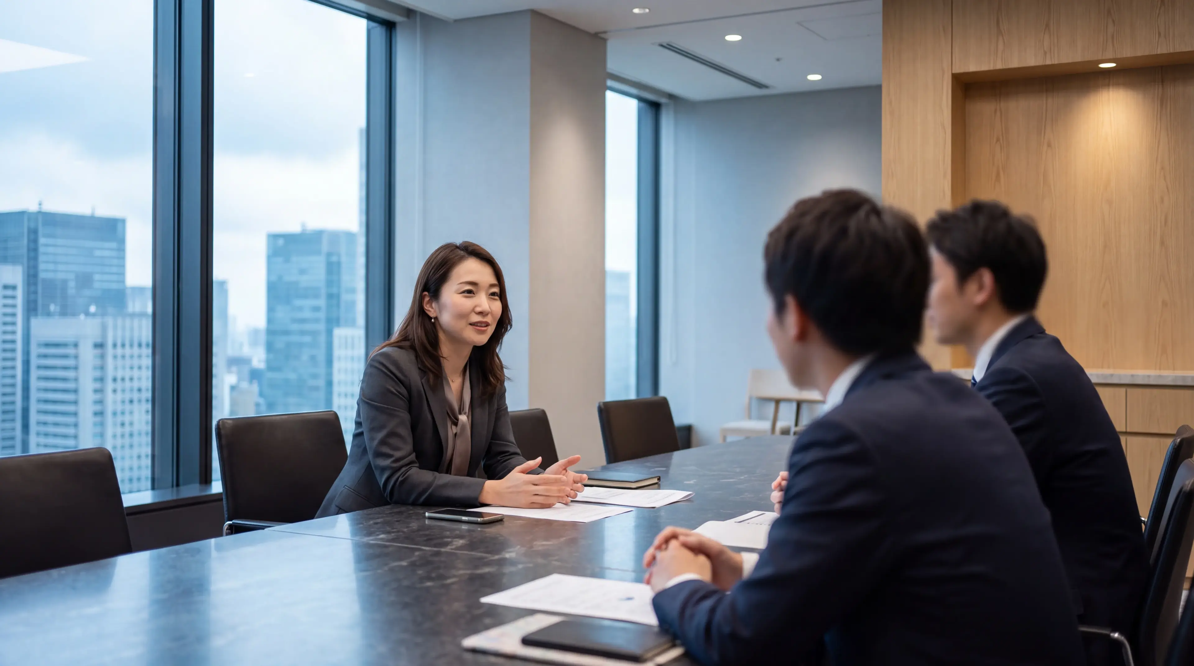 オフィスの会議で話し合う様子
