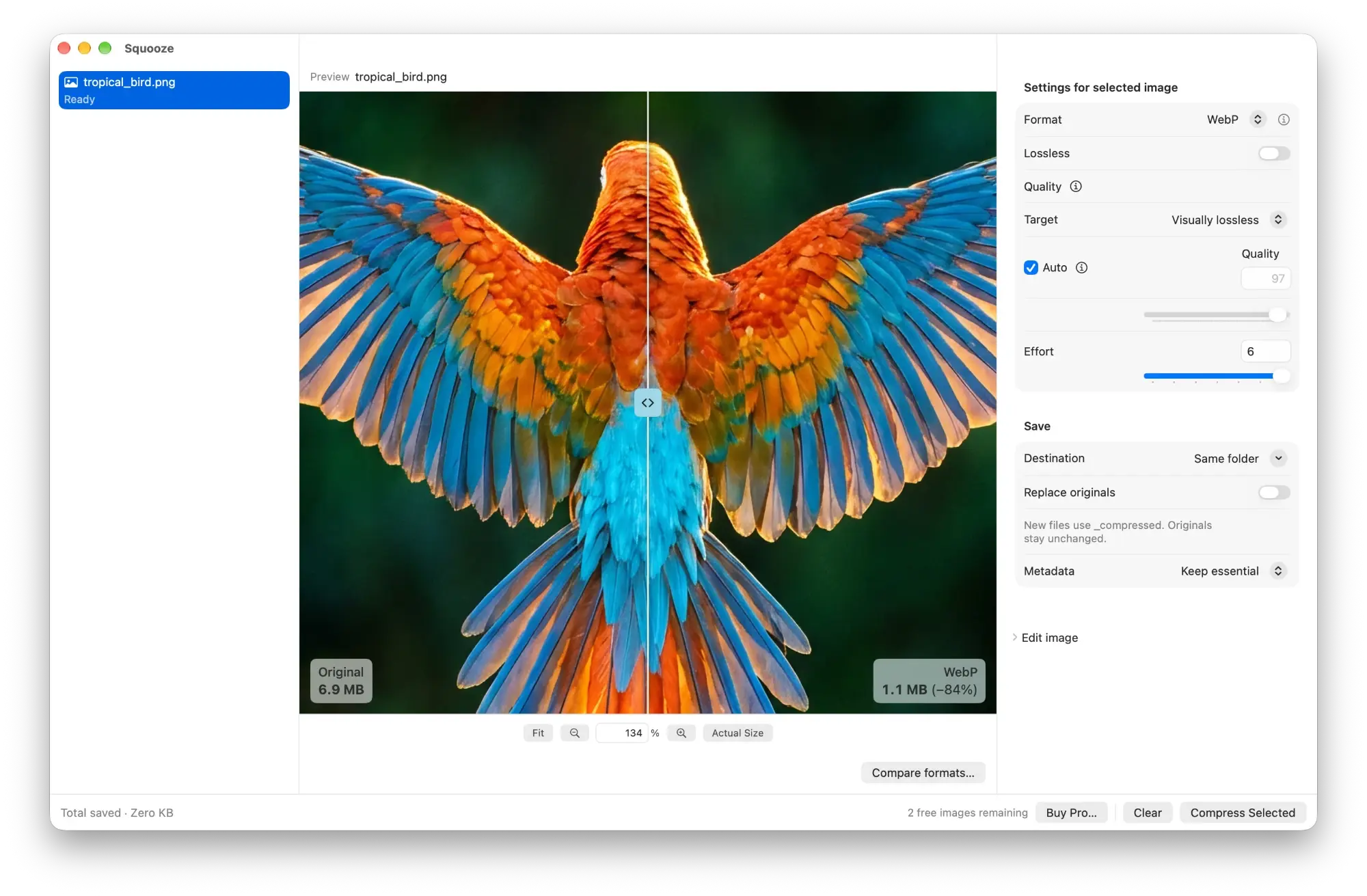 Squooze comparing a photo before and after compression: Target set to Visually lossless with Auto quality at 97, reducing the file from 6.9 MB to 1.1 MB, an 84% reduction