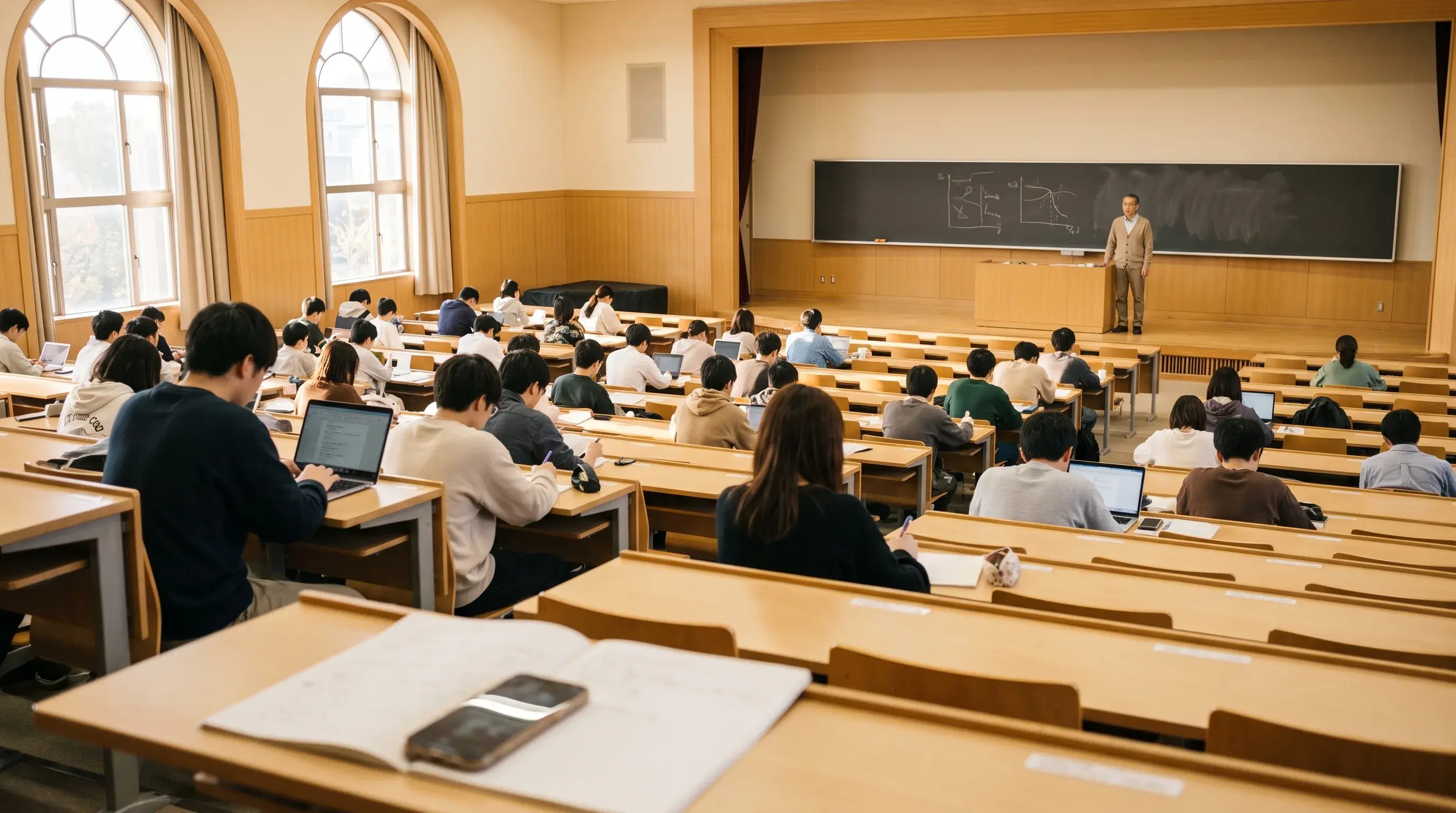 大学の大講義室。板書する先生と、講義を聞く学生たち